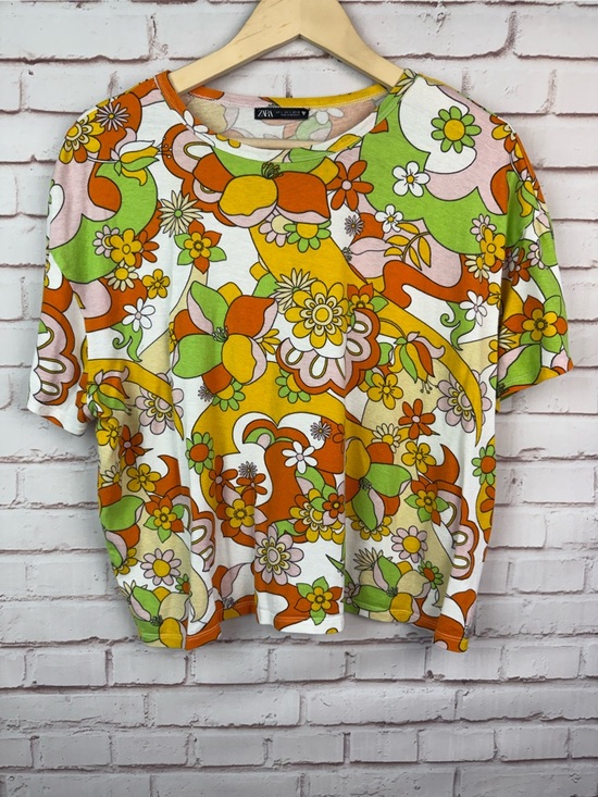 Zara Tops - Zara Retro Floral Short Sleeve Top - Orange, Yellow, Green, Pink, White